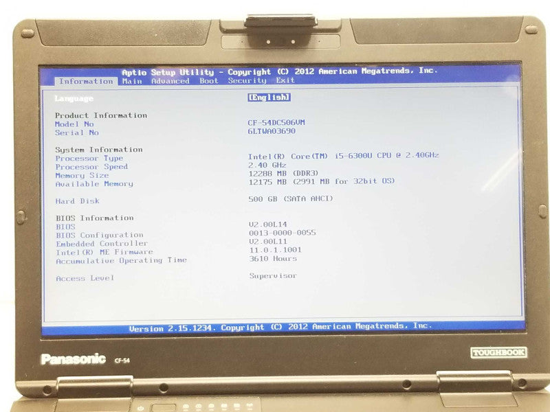 Panasonic ToughBook CF-54, Core I5-6300U 2.4GHz, 500GB HDD, 3610Hrs _
