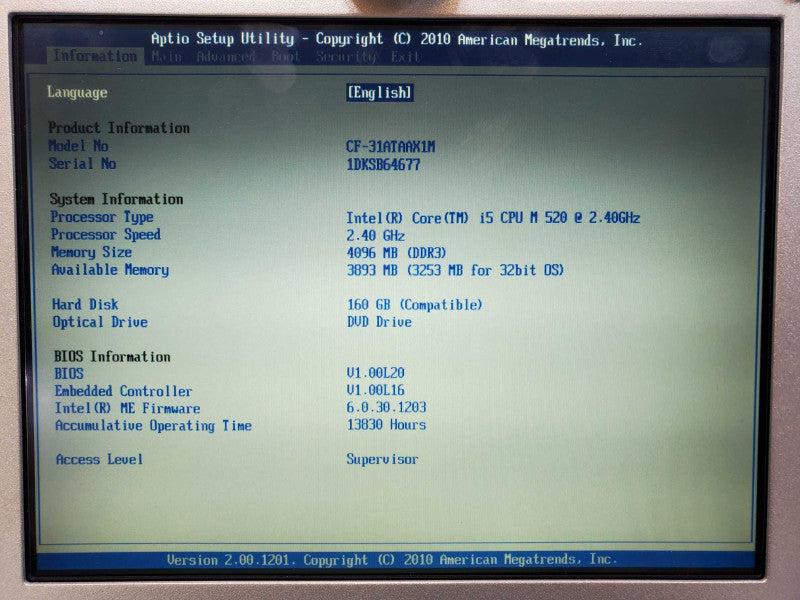 Panasonic ToughBook CF-31 Core i5-M520 @ 2.4GHz 4GB Ram 160GB HDD (
