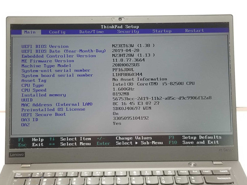 Lenovo ThinkPad X1 Carbon, Core I5-8250U 1.6GHz, 8GB RAM, 256GB SSD, 14 _