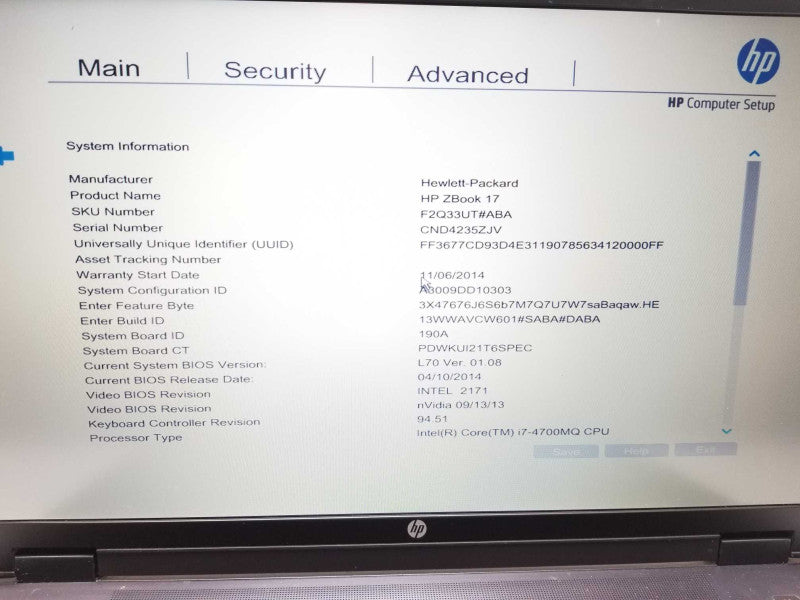 HP ZBook 17, Intel Core i7-4700MQ, 2.4GHz, 24GB, 500GB SSD, Quadro K610M 17.3 _