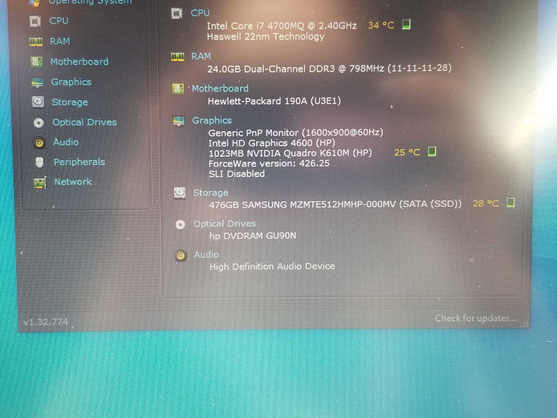HP ZBook 17, Intel Core i7-4700MQ, 2.4GHz, 24GB, 500GB SSD, Quadro K610M 17.3 _