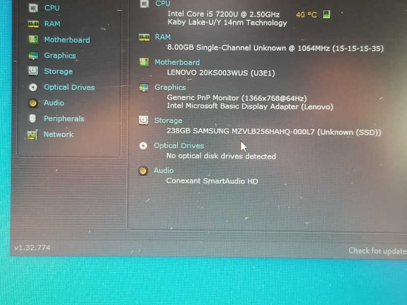Lenovo ThinkPad E580, Core I5-7200U 2.5GHz, 8GB RAM, 256GB SSD, 15\\" SEE _