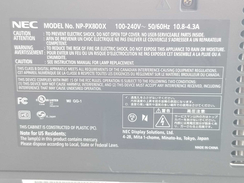 NEC NP-PX800X Projector, 2x Lamps, 00001 Hrs Lamp 2 hours, Read _