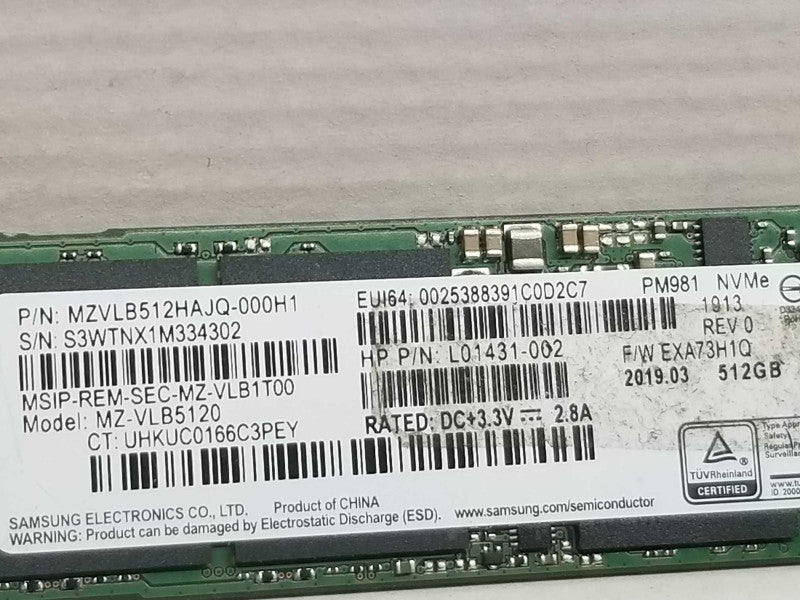 HP 13-ae013dx Samsung 512Gb NVMe M.2 SSD Solid State Drive, QTY ~