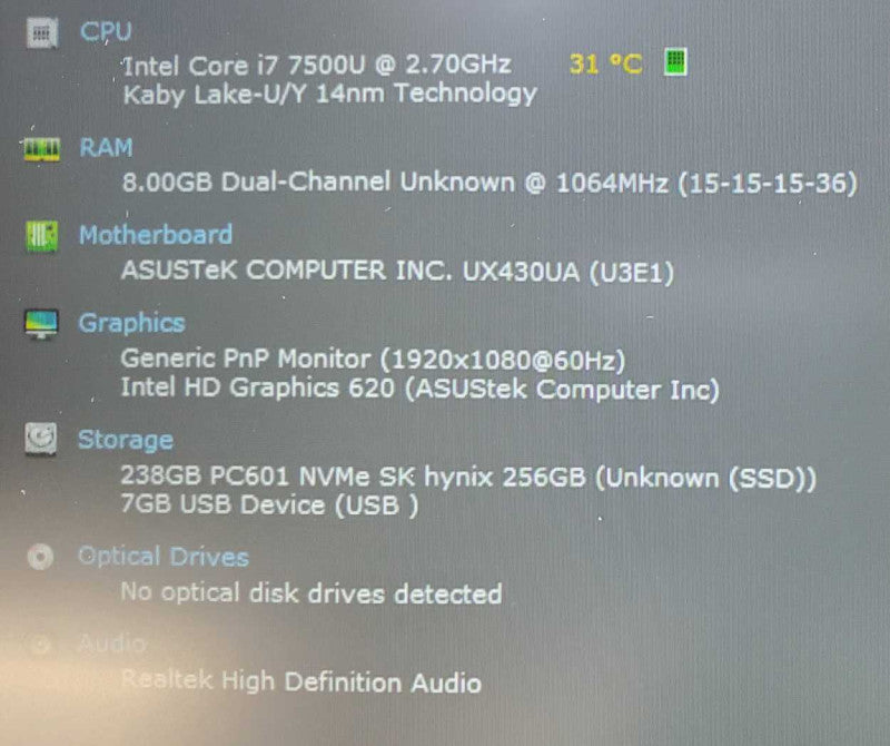 ASUS ZenBook UX430U 14\\" Core i7-7500U @ 2.7 GHz 8GB Ram 250GB SSD (
