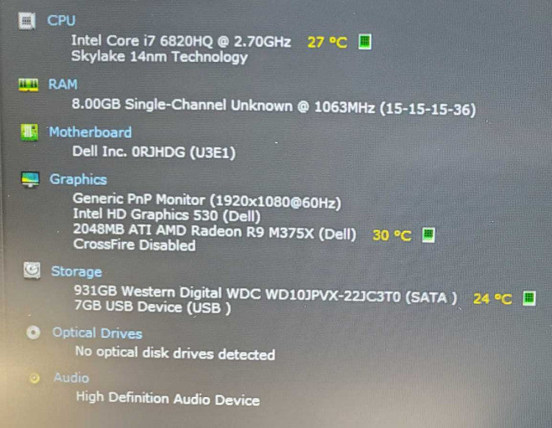 Dell Precision 7510 Core i7-6820HQ @ 2.7GHz 8GB Ram 1TB HDD R9 M375x 2GB (