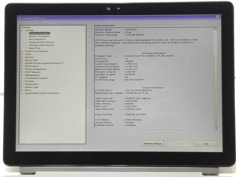 Dell Latitude 7200 2-in-1 Core I5-8365u 1.6GHz 16GB RAM 512GB SSD 12.3\\" Touch _