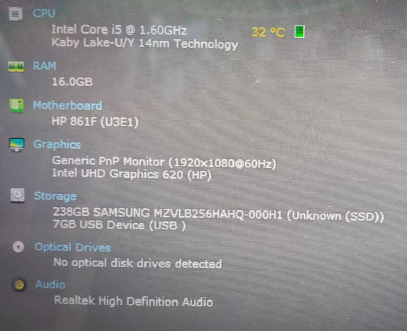HP Elite Dragon Fly Core i5-8365U @ 1.6GHz 16GB Ram 250GB SSD (