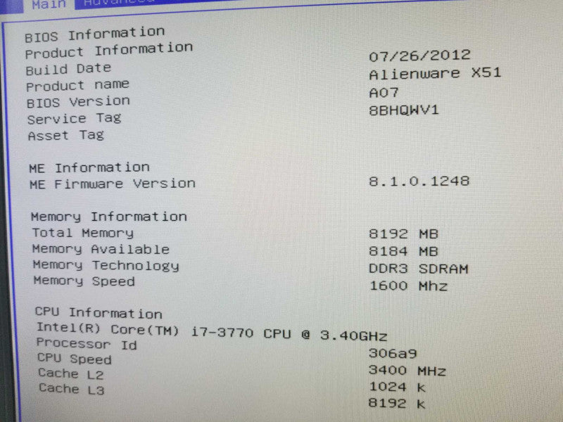 Alienware X51 Core i7 3770 3.4GHz / 8GB 240GB HDD, nVidia GTX660, NO AC, ~