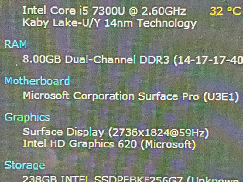 Microsoft Surface Pro 5, model 1724, i5-7300U 8GB DDR3 256GB Storage |