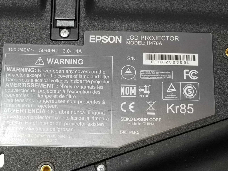 Epson PowerLite 1761W LCD Projector H478A,Lamp Hours 961H, No Remote/Cables. _
