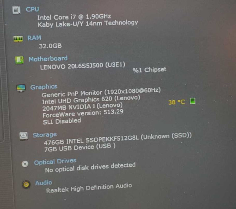 Lenovo T480, Core i7-8650U CPU @ 1.9GHz 32GB Ram 500GB SSD MX150 2GB 14\\" (