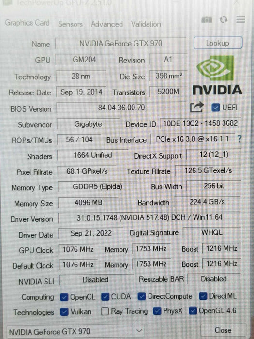 GIGABYTE NVIDIA GeForce GTX 970 4GB GDDR5 Graphics Card (GV-N970IXOC-4GD) ~