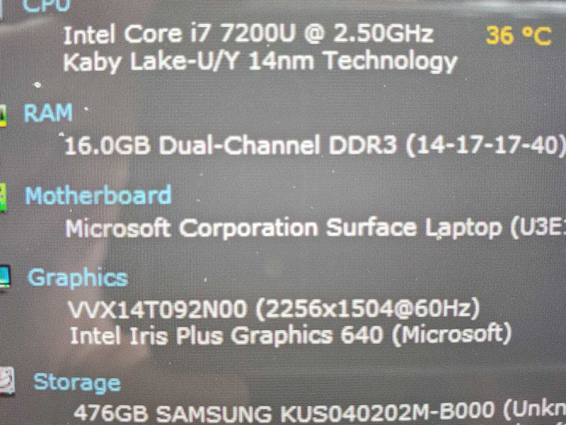 Microsoft Surface Laptop Model 1769 i7-7200U 16GB DDR3 512GB Storage (READ) |