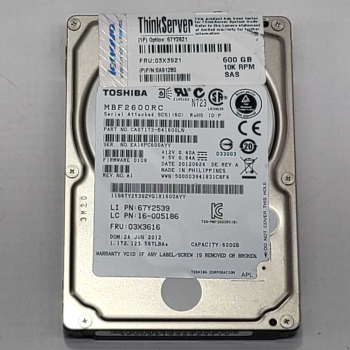 Toshiba MBF2600RC CA07173-B416 6Gbps 6Gb/s 10K 600gb 2.5\\" SAS Hard Drive =