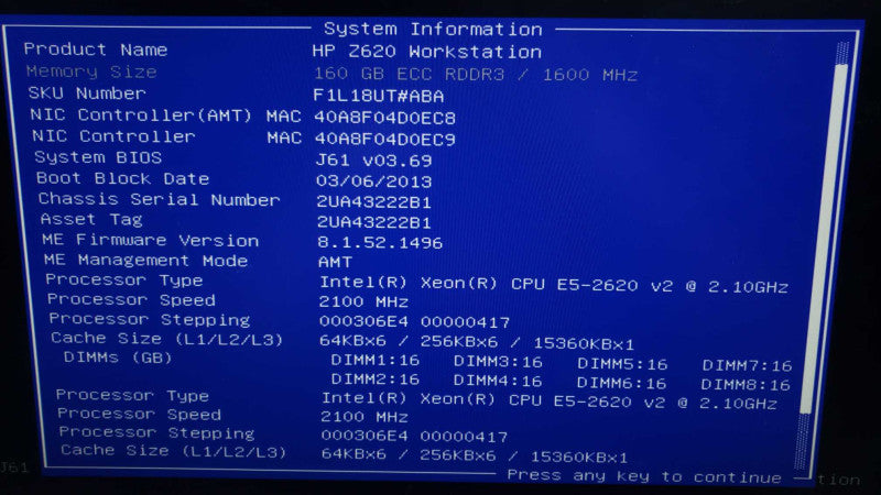HP Z620 Workstation 2xE5-2620v2@2.1GHz 160GB ECC DDR3 No HDD Quadro K2000 [