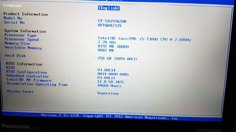 Panasonic toughbook i5-7300U @ 2.60ghz / 8gb ram DDR4 / 250GB Sata SSD #