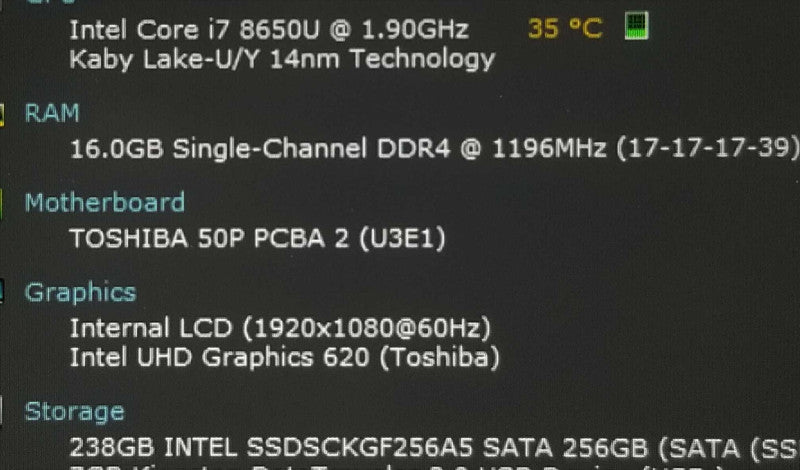 Toshiba Tecra A50-E 15.6\\" Core i7-8650U 1.9GHz/ 16GB, 240GB SSD, No AC Adapter ~
