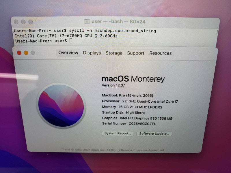 MacBook Pro 2016 Core i7-6700HQ @ 2.6 GHz 16GB Ram 250GB SSD RPro 450 2GB (