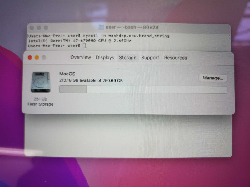 MacBook Pro 2016 Core i7-6700HQ @ 2.6 GHz 16GB Ram 250GB SSD RPro 450 2GB (