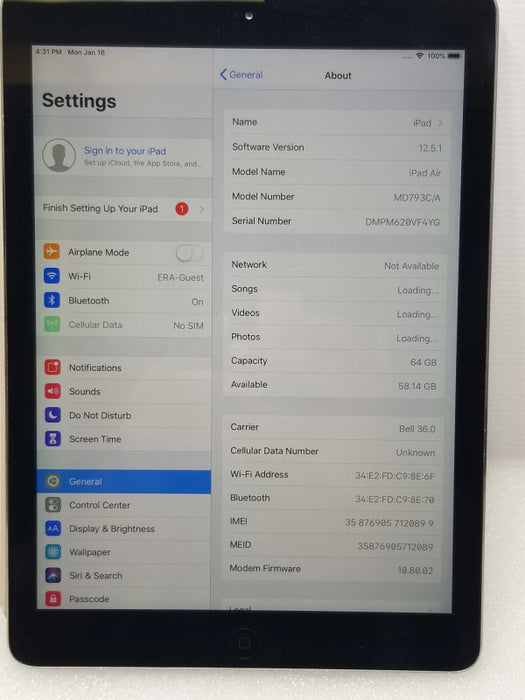 Apple iPad Air MD793C/A 64 GB Wi-Fi and SIM, Factory Reset, Unlocked