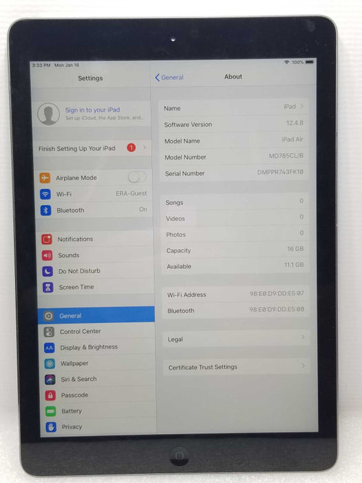 Apple iPad Air 16GB Storage Wi-Fi only, Factory Reset