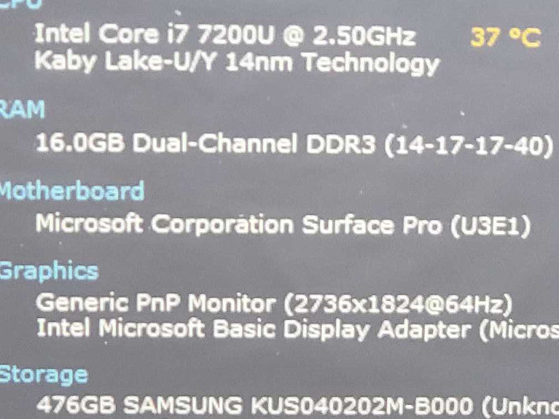 Microsoft Surface Pro 5 Model 1796 i7-7200U 16GB DDR3 512GB Storage |