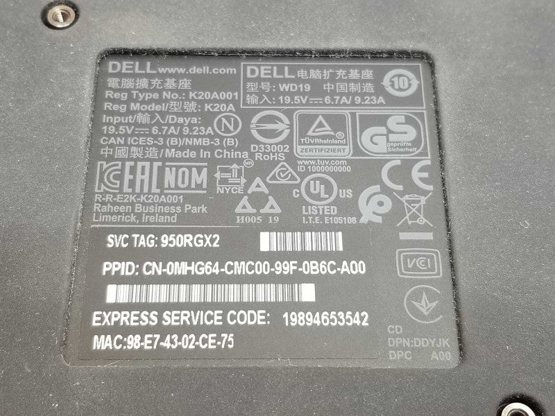Dell WD19 K20A USB C Docking Station Dock _