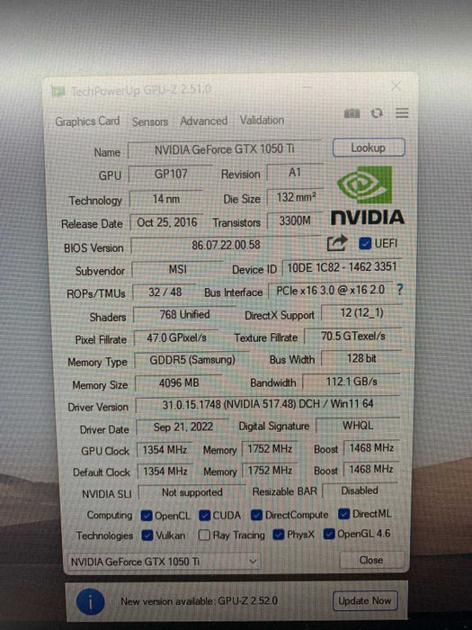 MSI NVIDA GeForce GTX 1050Ti 4GB  -