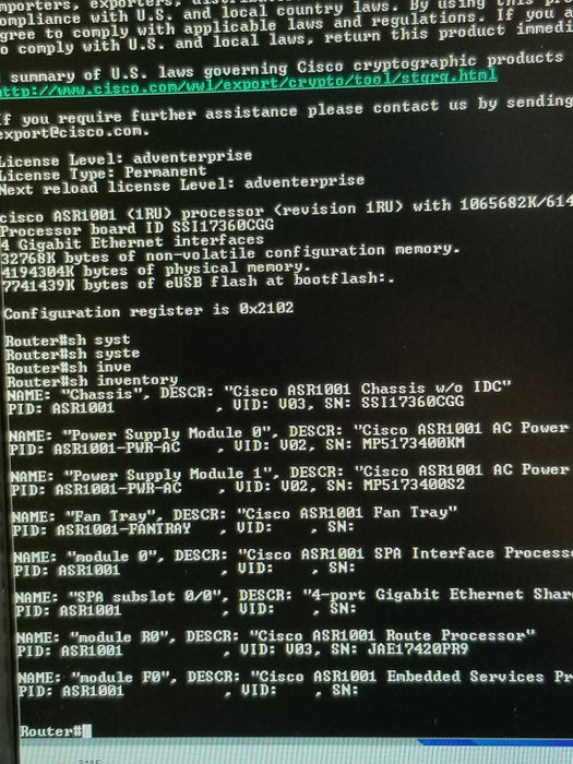 CISCO ASR1001 GigE Aggregation Services Router 4 BUILT-IN GE PORTS, 2x PSU SEE _