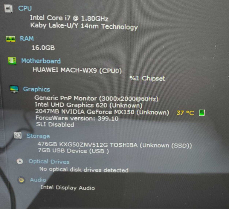 Huaweii MateBook MACH-W29 Core i7-8550U @ 1.8 GHz 16GB Ram 500GB SSD MX150 2GB (