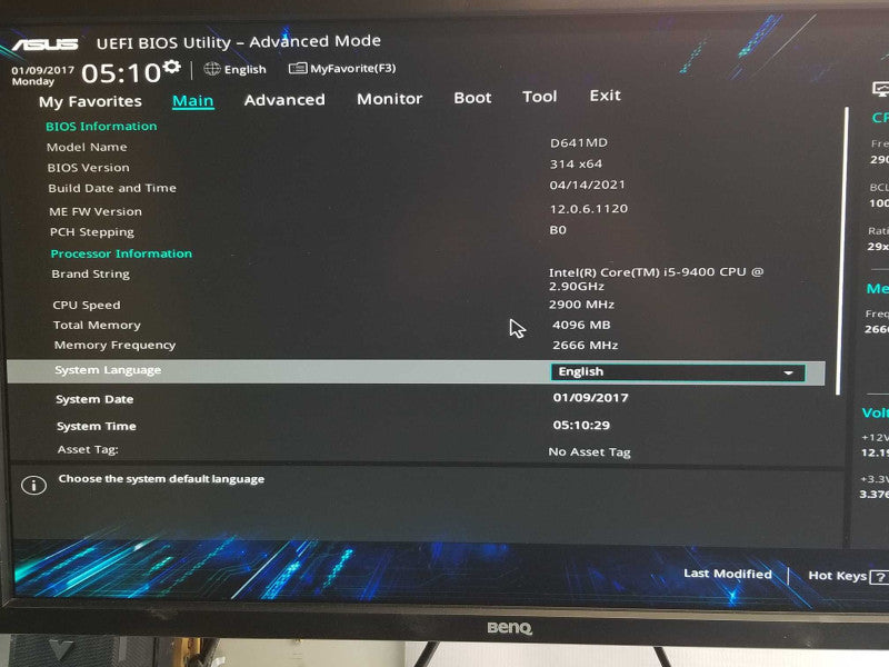 Asus AsusPro PC, Core I5-9400 2.9GHz, 4GB RAM, No HDD, No Antenna for WI-FI _