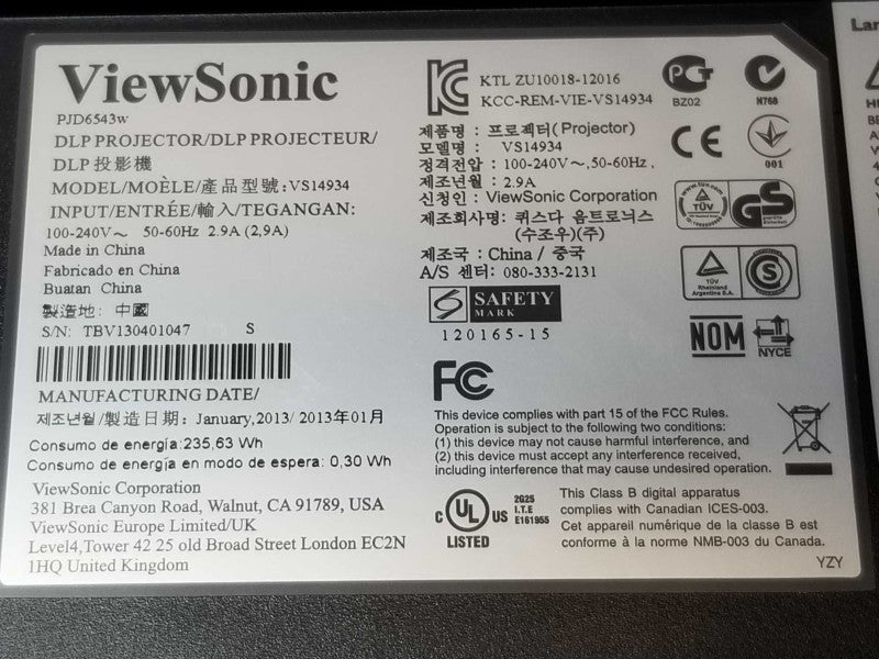 Viewsonic PJD6543W DLP Projector VS14934, HDMI VGA, 809Hrs Lamp  _