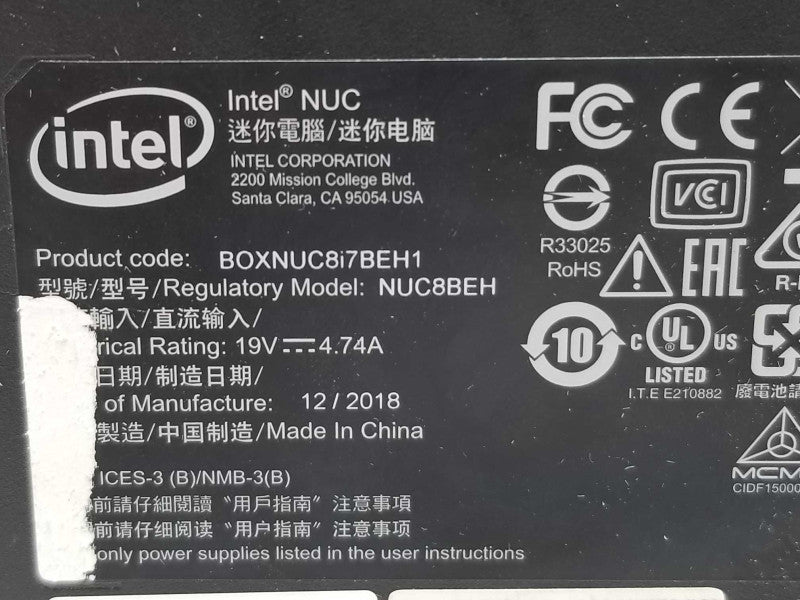 Intel NUC8BEH, i7-8559U  2.70GHz/ 8GB DDR4, Intel Iris 655, 240GB SSD, NO AC ~