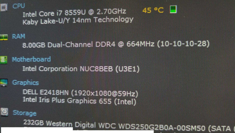 Intel NUC8BEH, i7-8559U  2.70GHz/ 8GB DDR4, Intel Iris 655, 240GB SSD, NO AC ~