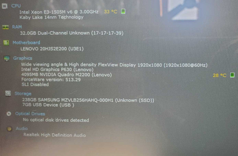 Lenovo P51 Xeon E3-1505M v6 @ 3.0 GHz 32GB Ram 250GB SSD Quadro M2200m 4GB [TouchScreen] (