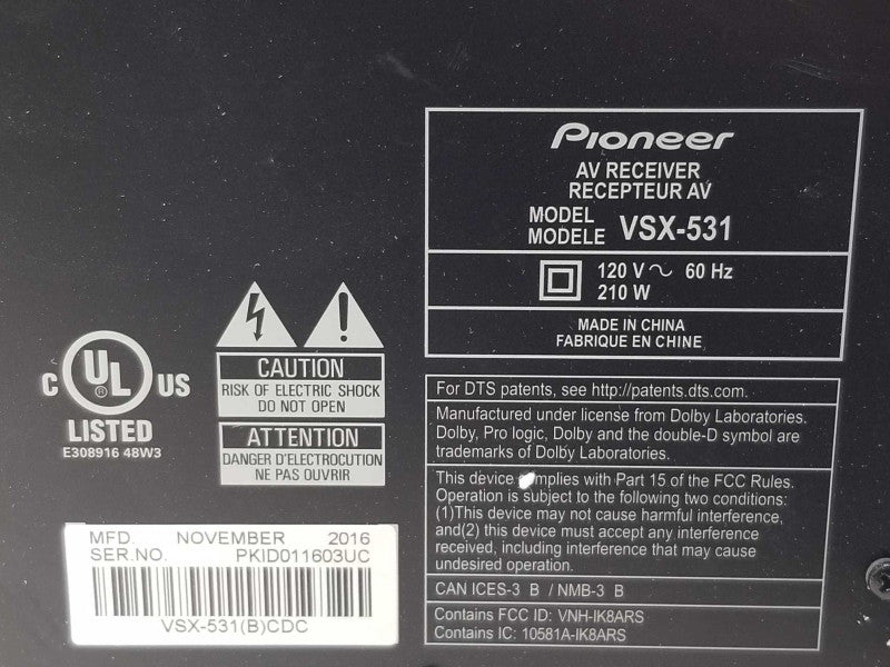 Pioneer VSX-531 5.1 AV Receiver 4K USB 4x HDMI Bluetooth Amplifier _