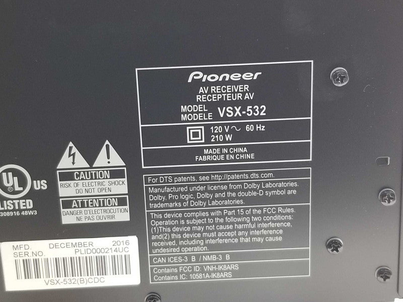 Pioneer VSX-532 5.1 AV Receiver 4K USB 4x HDMI Bluetooth, Powers on, AS-IS _