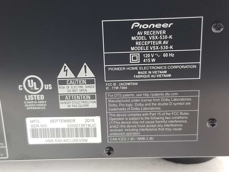 Pioneer VSX-530-K 5.1 AV Receiver Bluetooth HDMI Powers on, AS-IS _