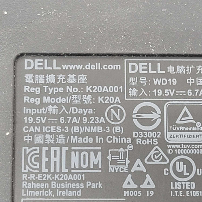 Dell WD19 USB-C Docking Station K20A001 K20A w/ 130-Watt AC Adapter =