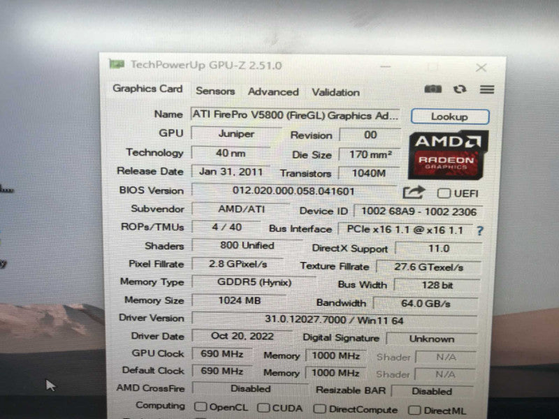 AMD ATI FirePro V5800 1GB GDDR5 DP-DVI 3D Video Graphics Card +