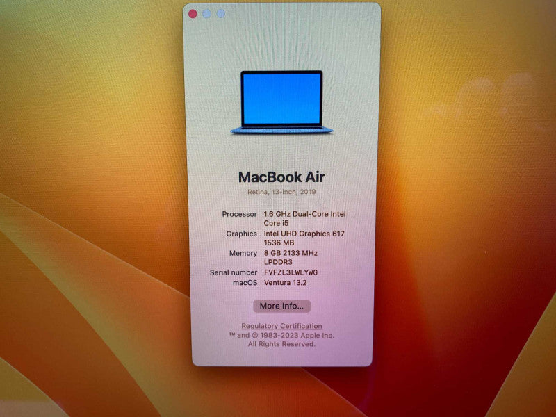 MacBook Air Retina 13-inch 2019 with i5 CPU 8GB RAM & 128GB Storage  -