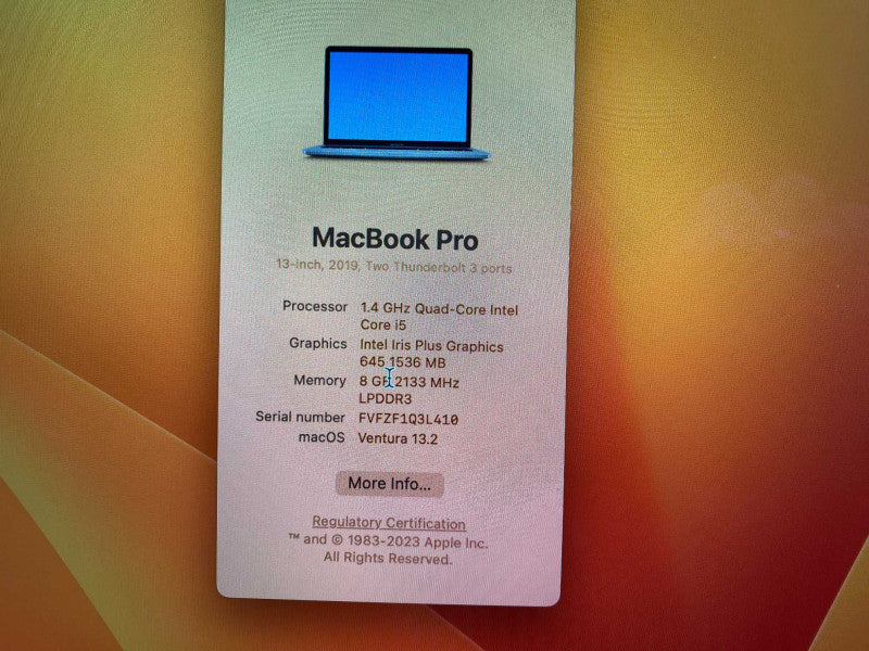 MacBook Pro TouchBar 13-inch 2019 with i5 CPU 8GB RAM & 256GB Storage  -