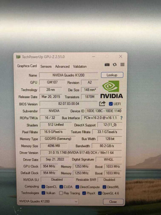 NVIDIA Quadro K1200 GPU 4gb DDR5 512c 1058mhz 4x Mini DP #