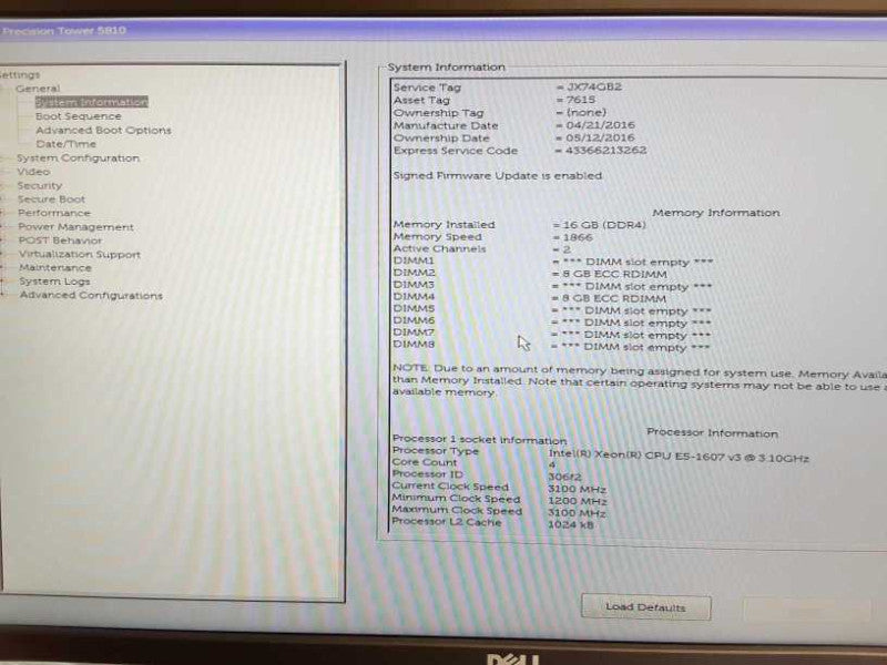 Dell Precision T5810 Xeon E5-1607 v3 3.1GHz 16GB DDR4 No HDD No GPU