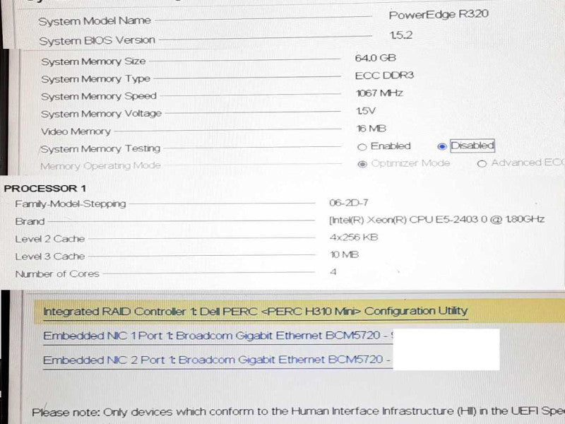 Dell PowerEdge R320 Xeon E5-2403 @ 1.8GHz 64GB RAM H310Mini -NO HDD/Caddies