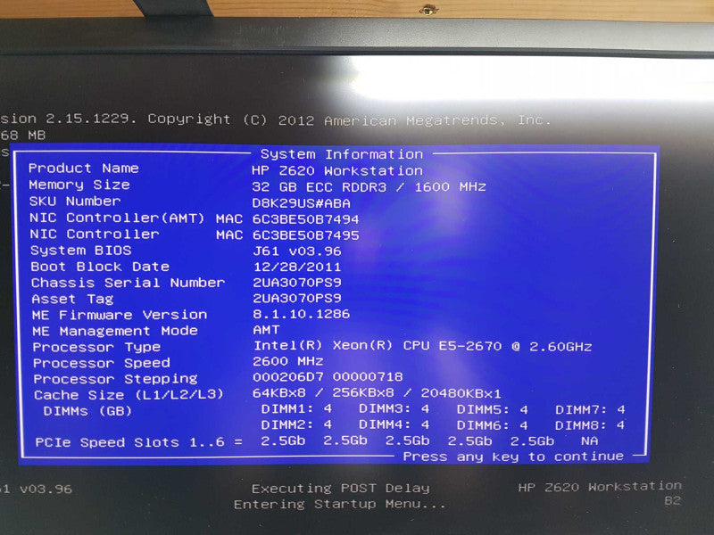 HP Z620 Workstation Xeon E5-2670 @ 2.60ghz / 32gb ram / quadro NVS 310 #