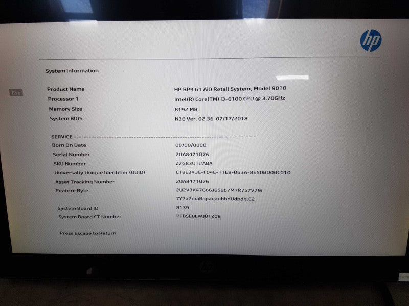 HP RP9 G1 AiO i3-6100 @ 3.70ghz / 8gb ram / READ #