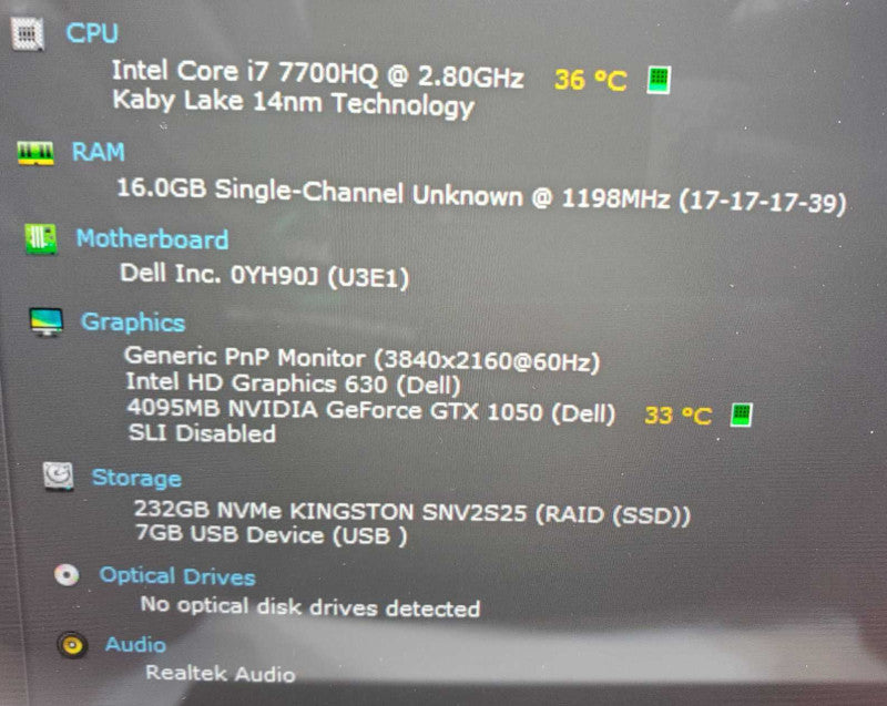 Dell XPS P56F Core i7-7700HQ @ 2.8 GHz 16GB Ram 250GB SSD GTX 1050 4GB [READ] (