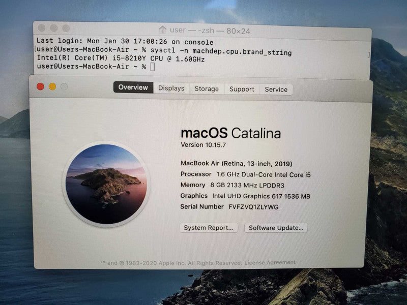 MacBook Air 2019 13\\" Core i5-8210Y @ 1.6 GHz 8GB DDR3 120GB SSD (